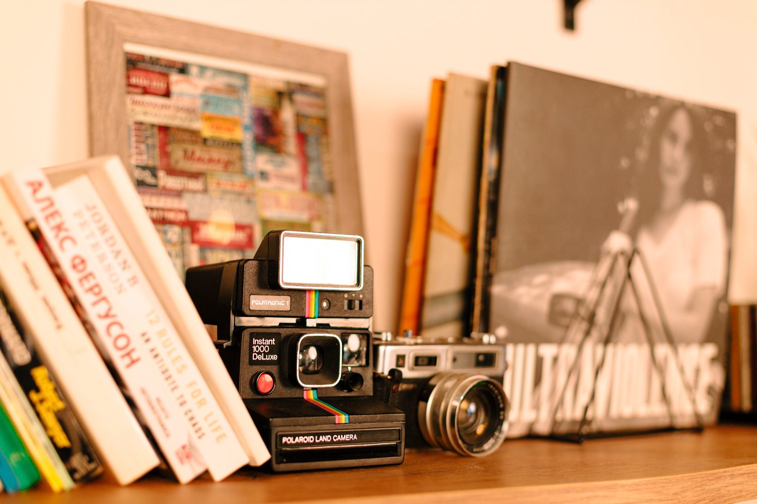 Polaroid camera next to books and vinyl records