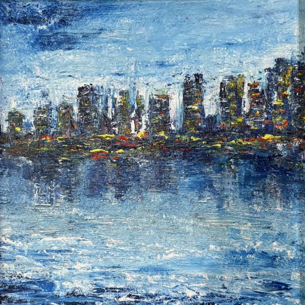Textured blue abstract painting of a city skyline reflected in water