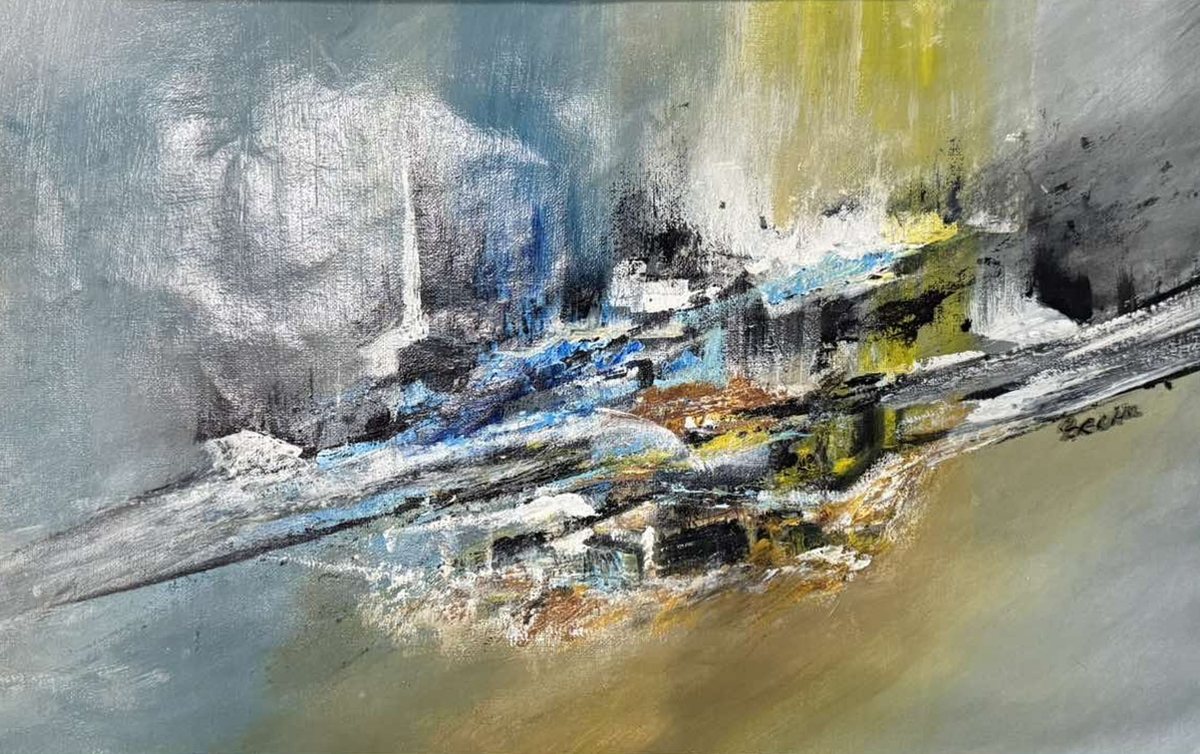 Abstract painting in grey, blue and olive with expressive white brushstrokes