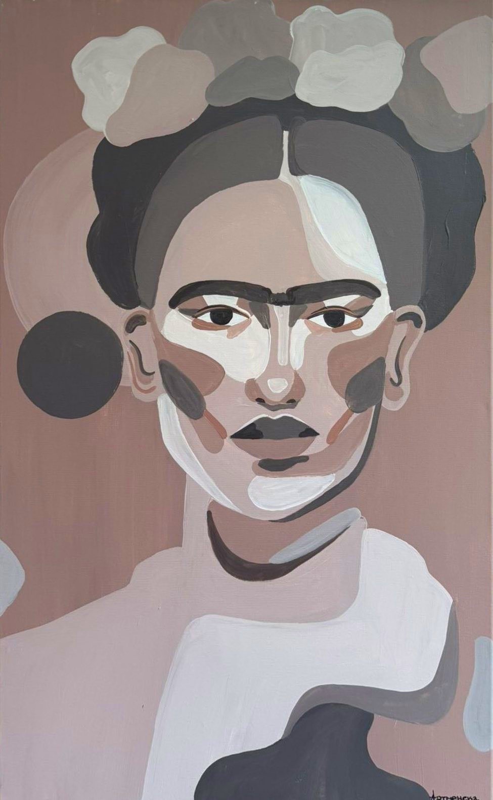 Abstract portrait of a woman with flowers in her hair in rose and grey tones