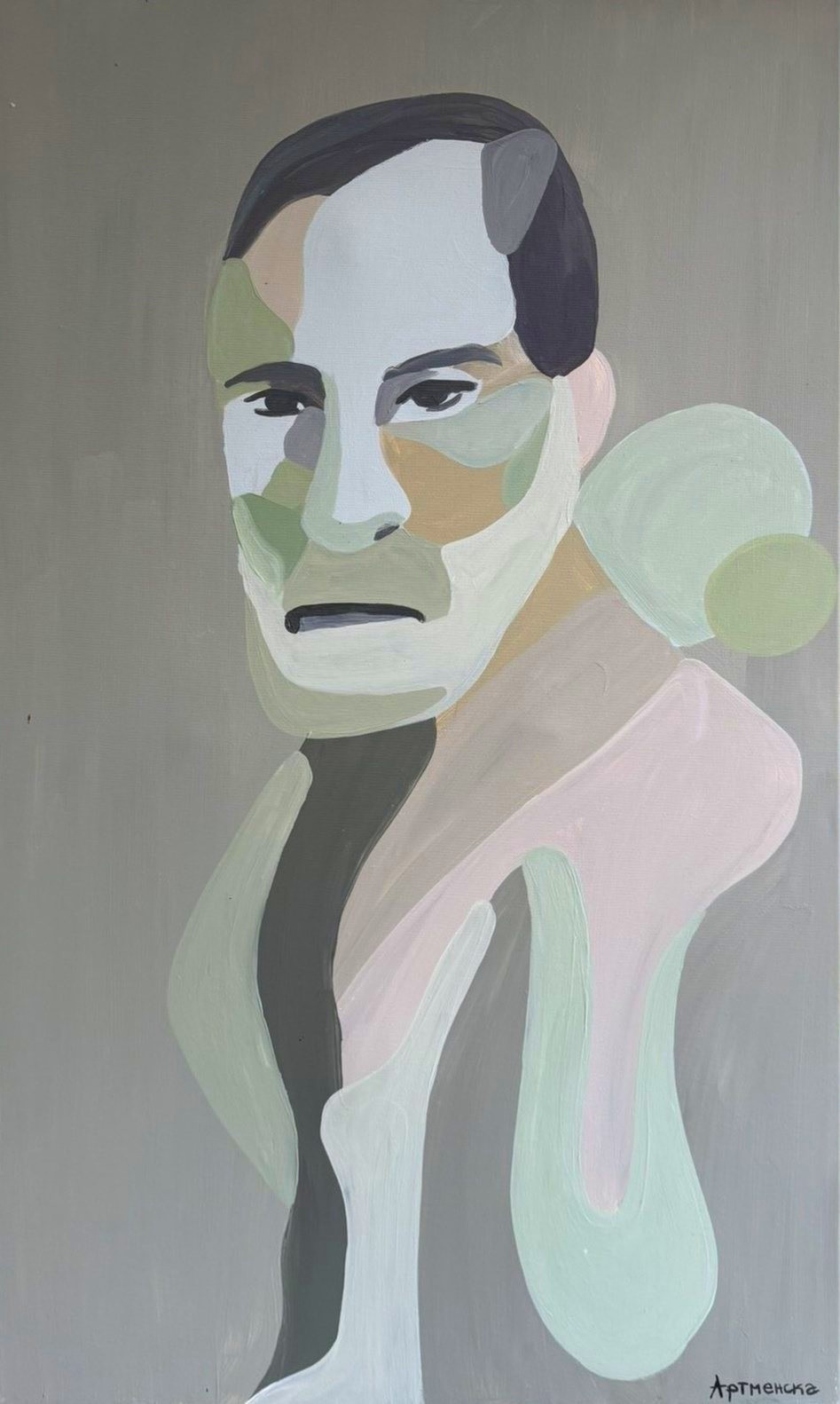 Abstract portrait of a man in soft sage green, pink and grey
