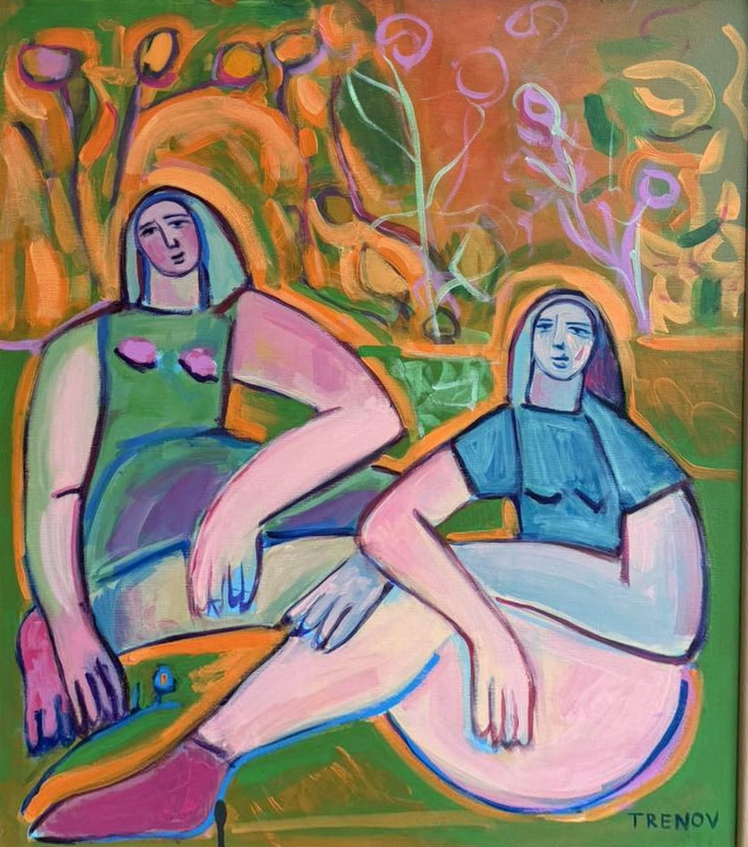 Colourful abstract painting of two seated women in a garden, signed Trenov
