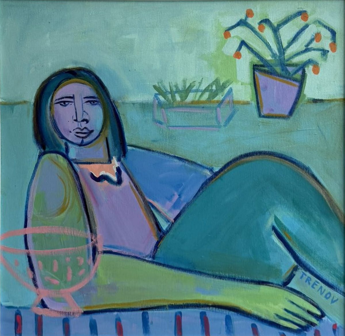 Abstract painting of a reclining woman with potted plants in teal and lilac, signed Trenov