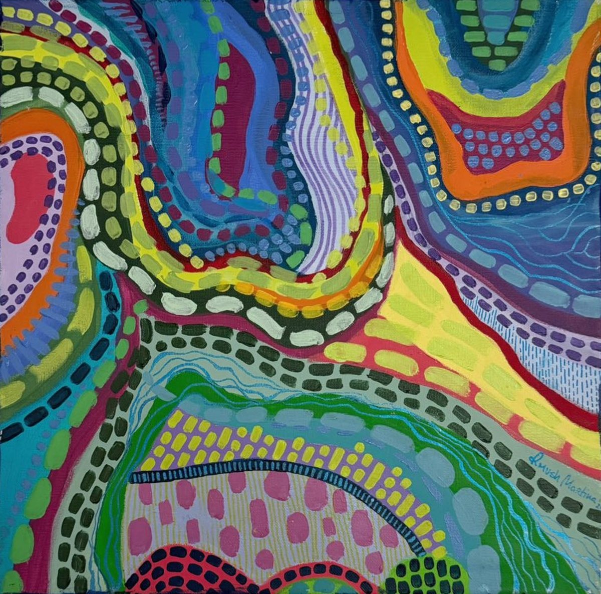The Good Chaos - colourful abstract painting with flowing dotted patterns by Martina Rmush